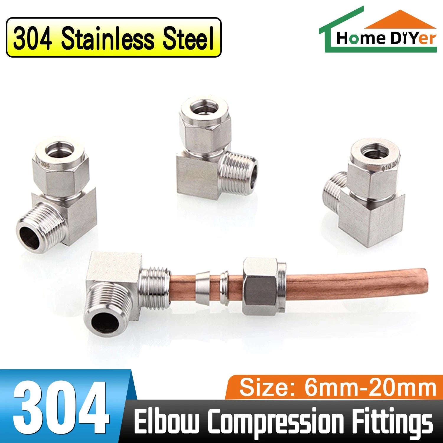 304 Stainless Steel Compression Fitting – 90° Elbow Male Connector, BSPT 1/8" to 1/2", Tube OD 6–20mm