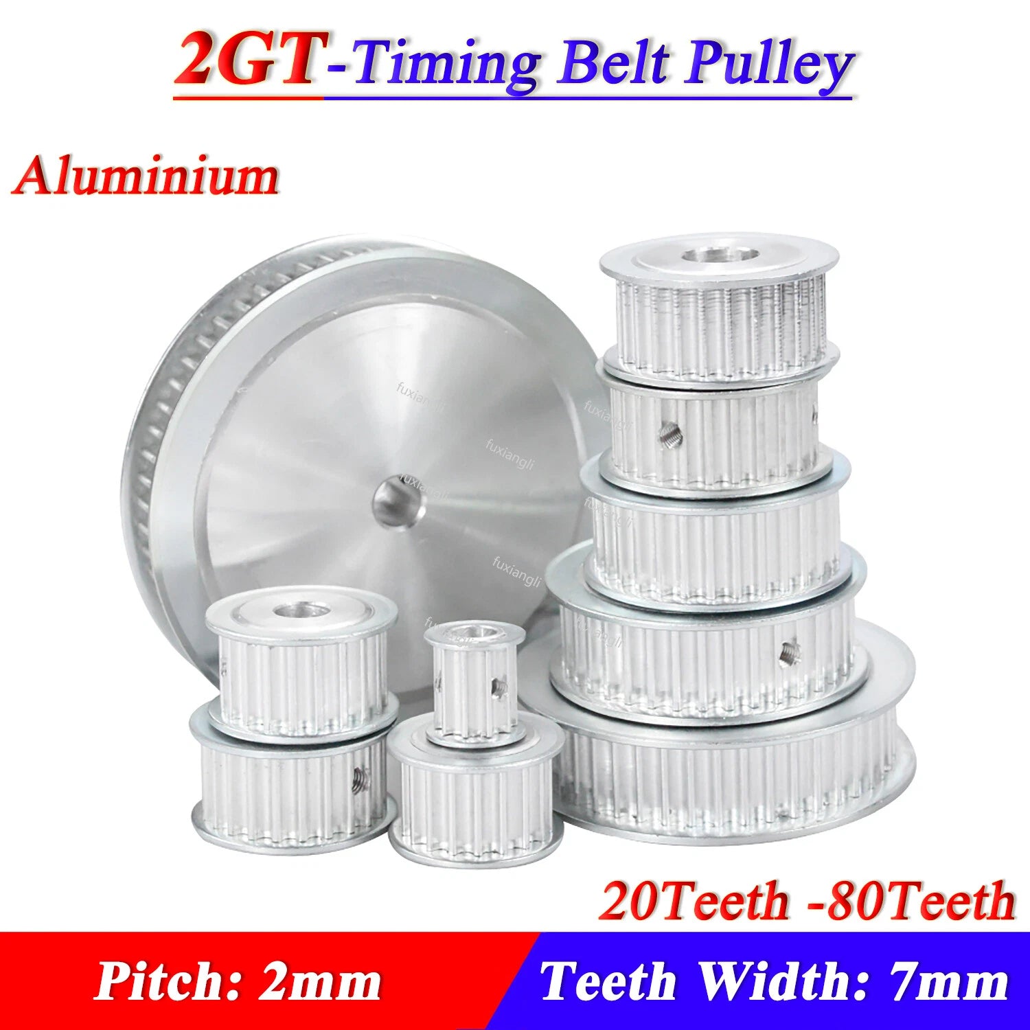 2GT 20T-80T Timing Belt Pulley Pitch 2mm AF-type Teeth Width 7mm For 3D Printer