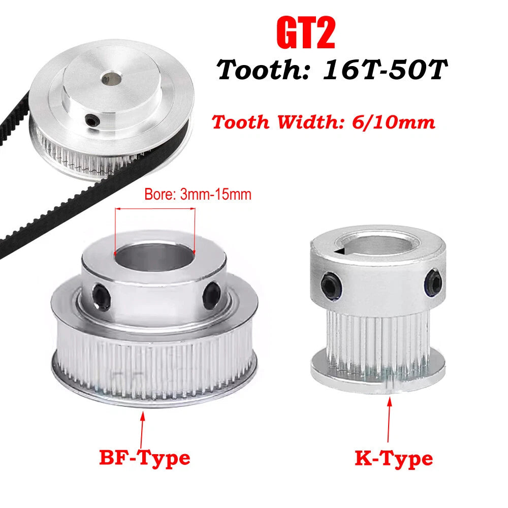 GT2 6/10mm Timing Belt Smooth Tooth Idler Drive Pulley 16-50Tooth Bore 4mm-14mm