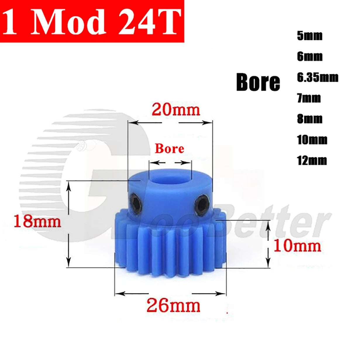 1 Mod 24 Teeth Blue Nylon Spur Gear Bore 5mm-12mm Pinion Plastic Gear with Step