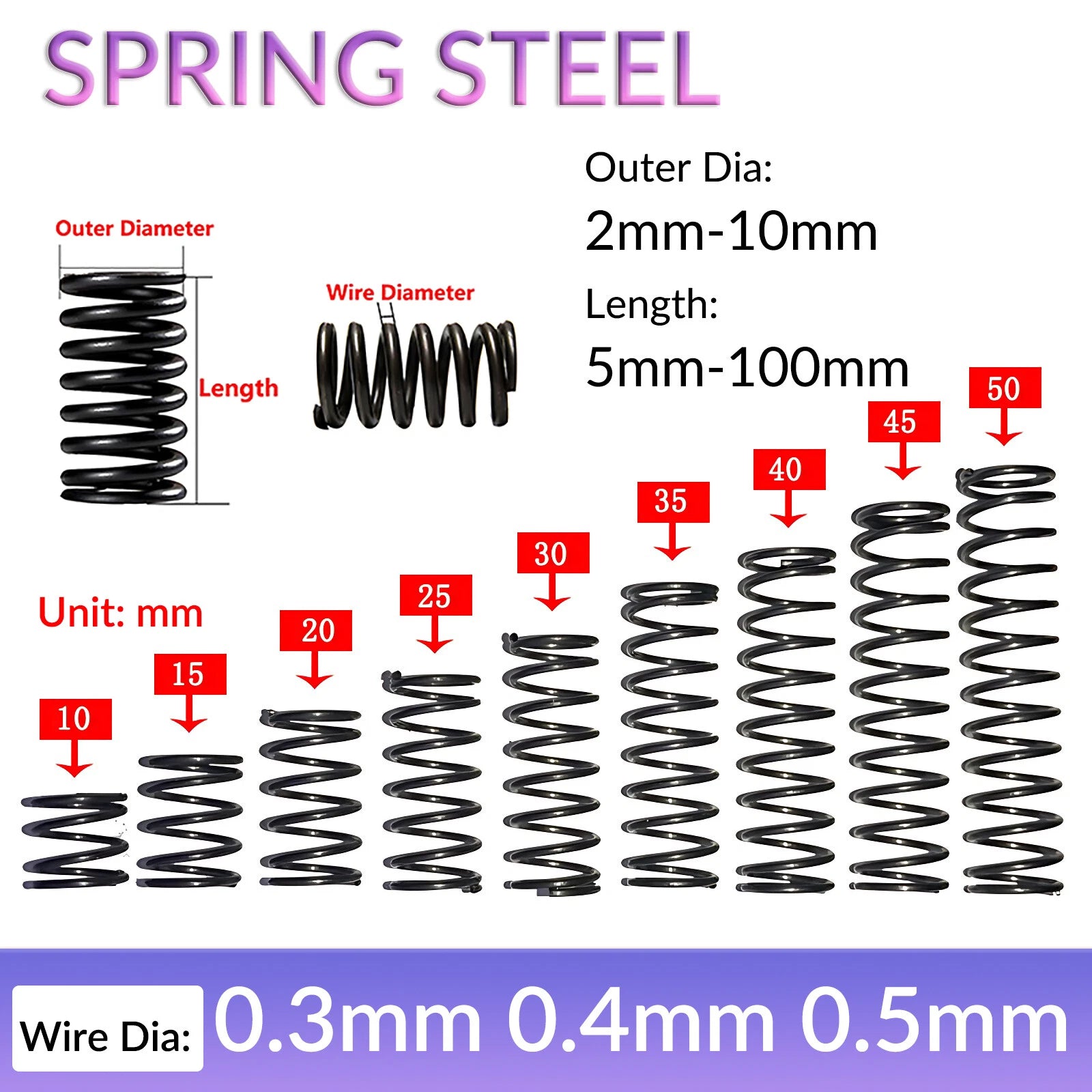 10Pcs Wire Dia.0.3/0.4/0.5mm OD 3mm-10mm Small Springs Compression Spring Steel