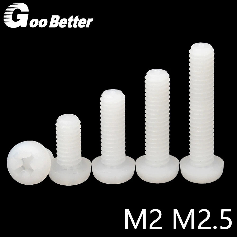 White Nylon Pan Head Machine Screws – M2 & M2.5, Pozi/Phillips Drive, Non‑Conductive & Corrosion‑Free