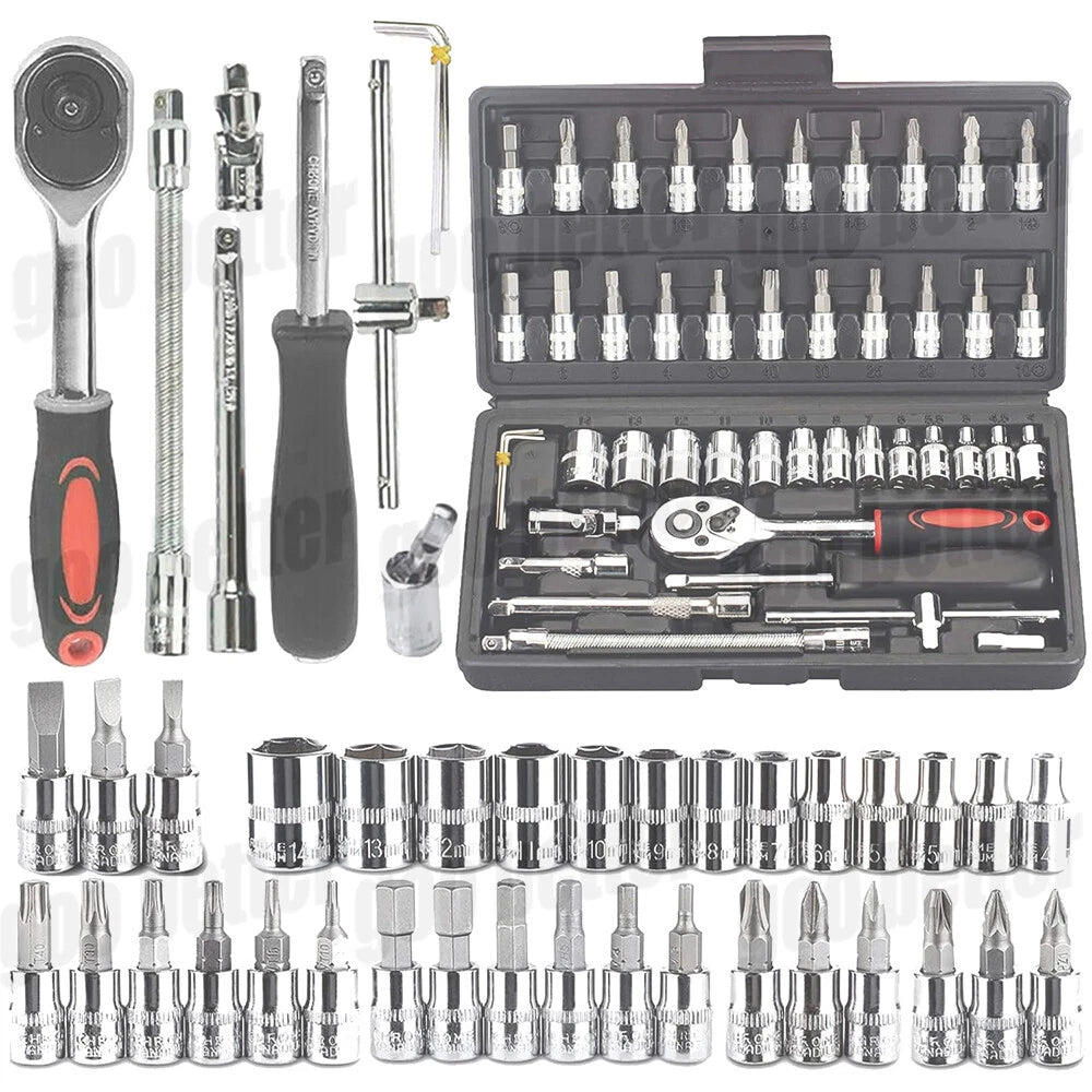 46PCS 1/4" Drive Spanner Socket Ratchet Wrench Set Car Repair Tool Kit with Case