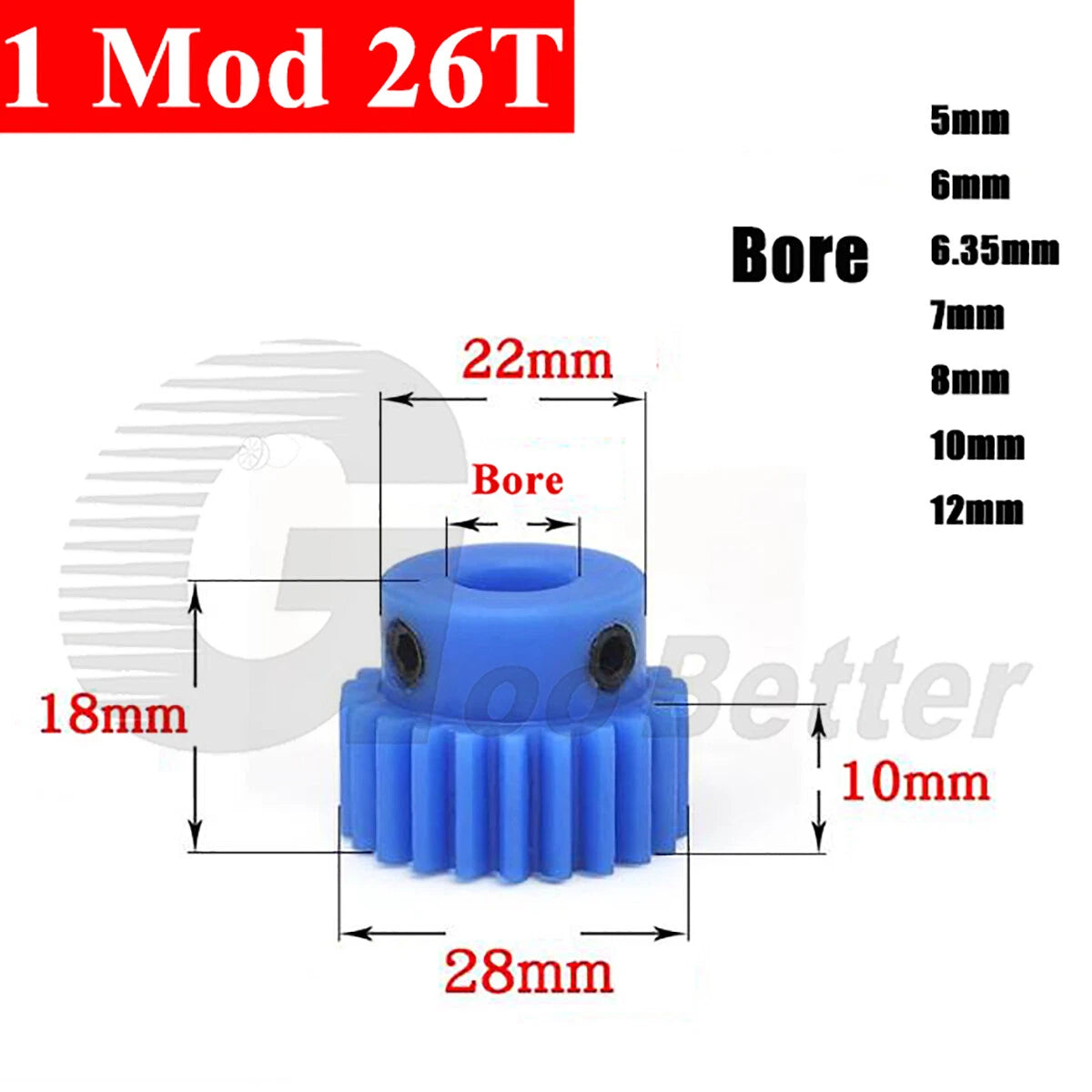 1 Mod 26 Teeth Blue Nylon Spur Gear Bore 5mm-12mm Pinion Plastic Gear with Step