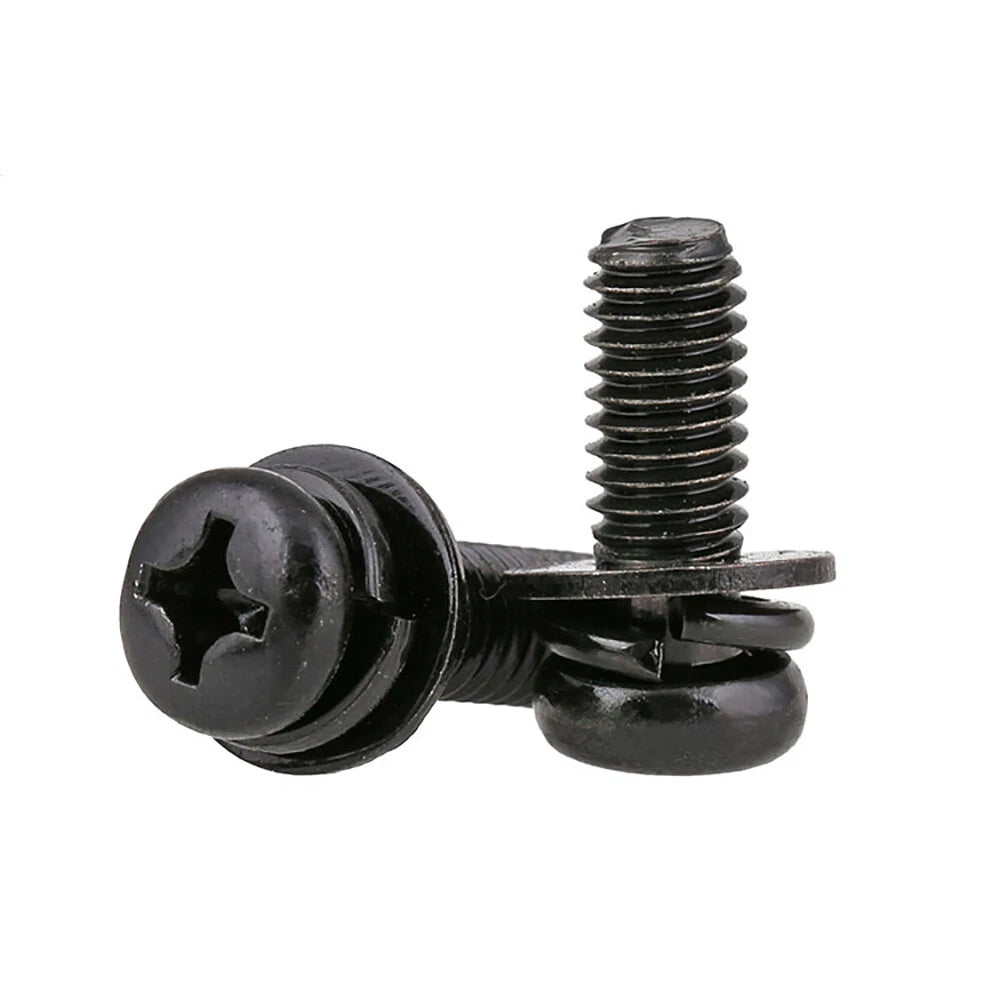 Pozi Pan Head Screws with Flat & Spring Washers – M2 M2.5 M3 M4, Carbon Steel Black Zinc (Length Under Head)