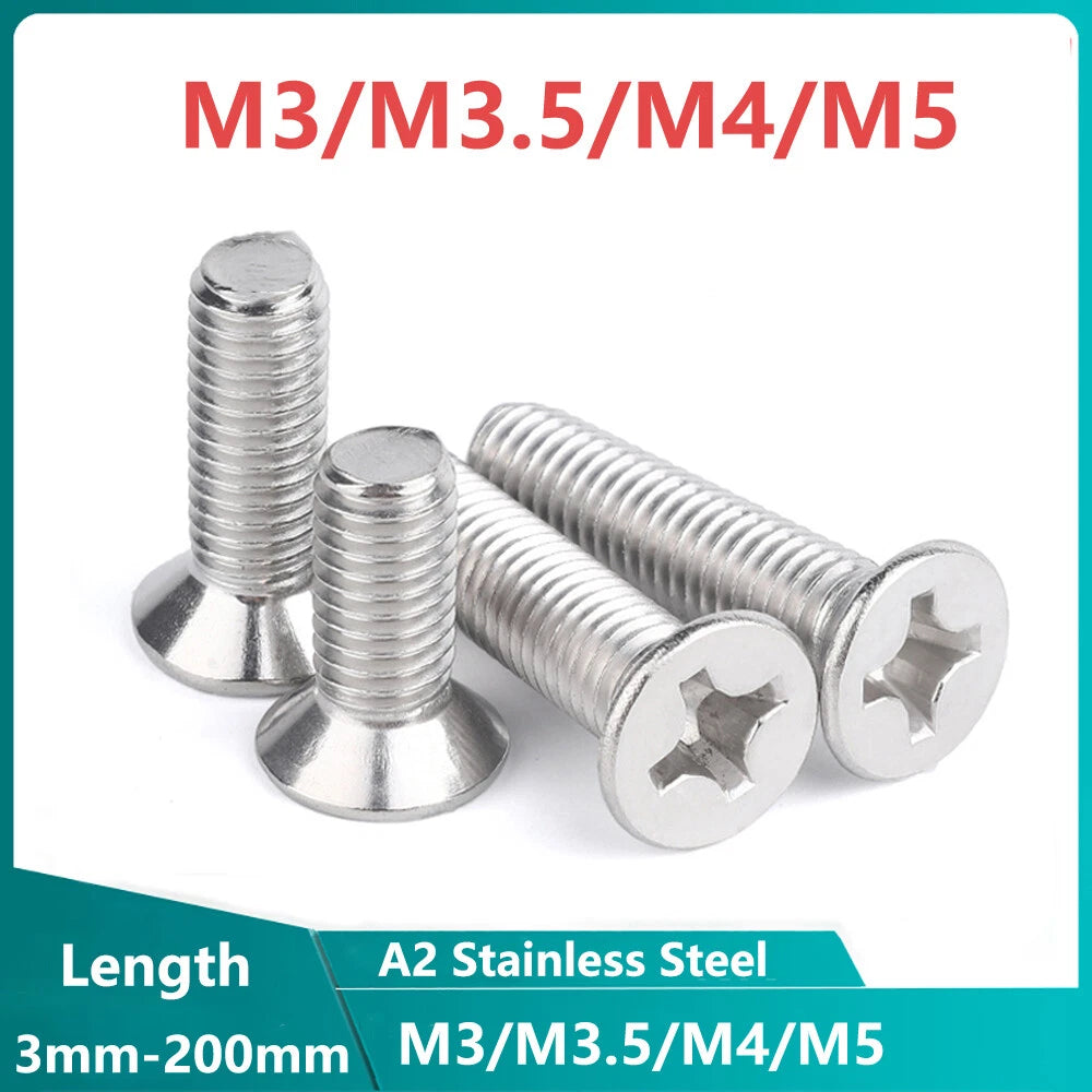 M3 M3.5 M4 M5 Phillips Countersunk Machine Screws – A2 Stainless Steel, 3mm to 200mm