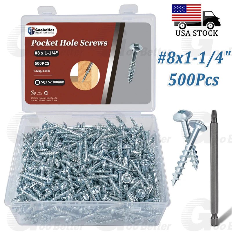 8 Pocket Hole Screws Interior Pocket Screw Coarse Thread, Square Drive, Washer Head, Zinc Plated, 100MM Drive Bit Included - HomeDIYer