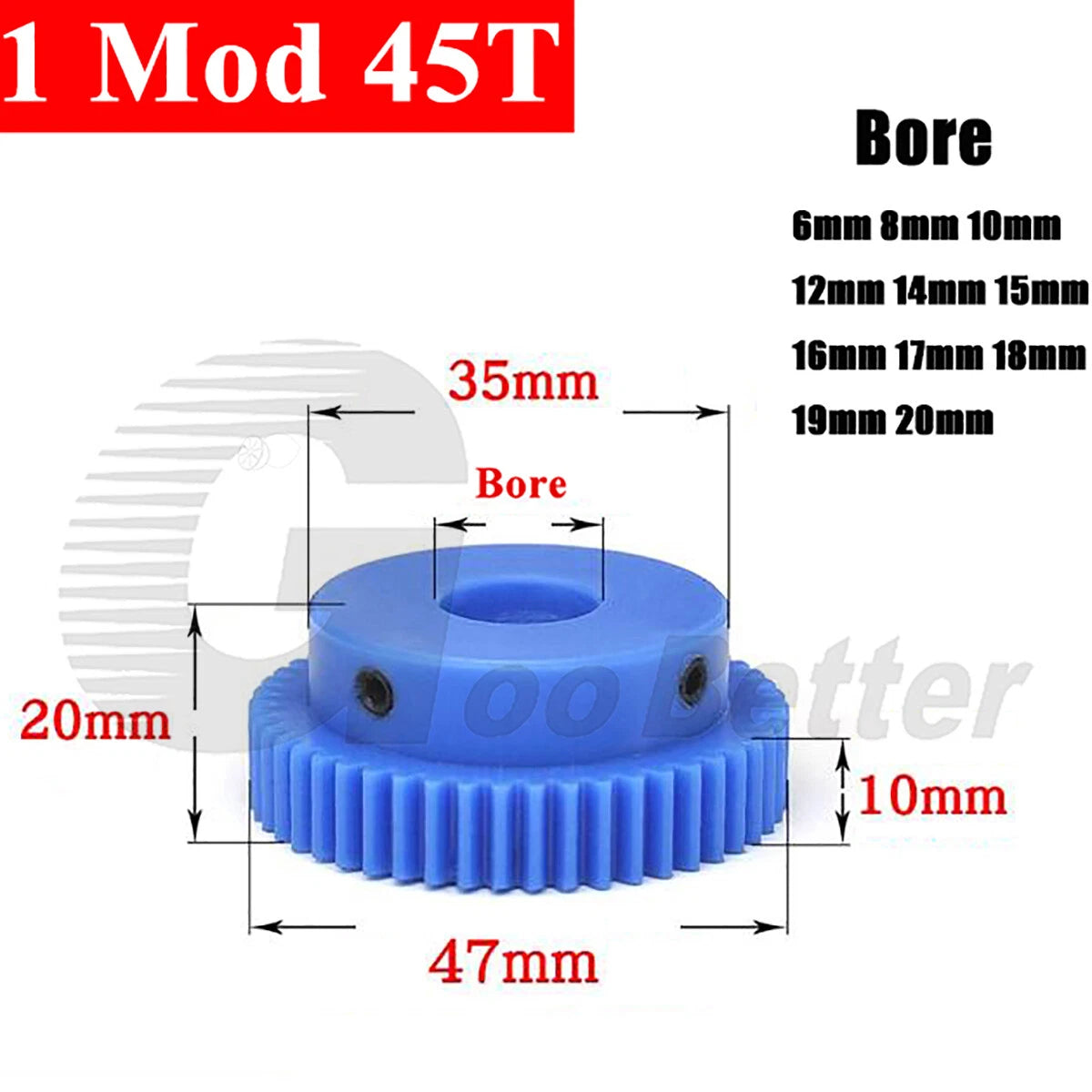 1 Mod 45 Teeth Blue Nylon Spur Gear Bore 6mm-20mm Pinion Plastic Gear with Step