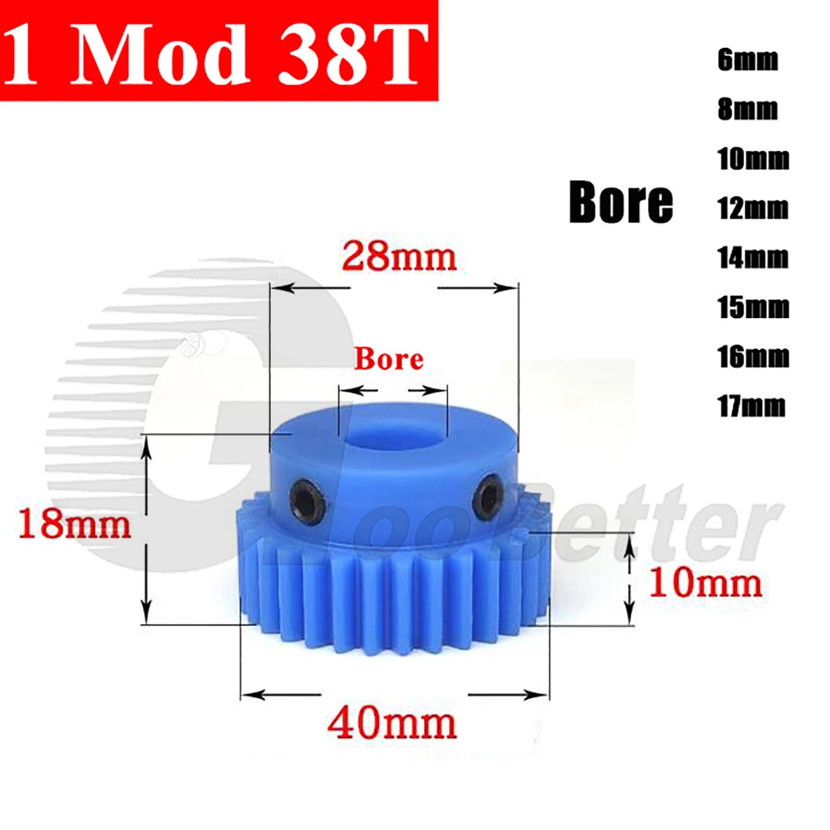 1 Mod 38 Teeth Blue Nylon Spur Gear Bore 6mm-17mm Pinion Plastic Gear with Step