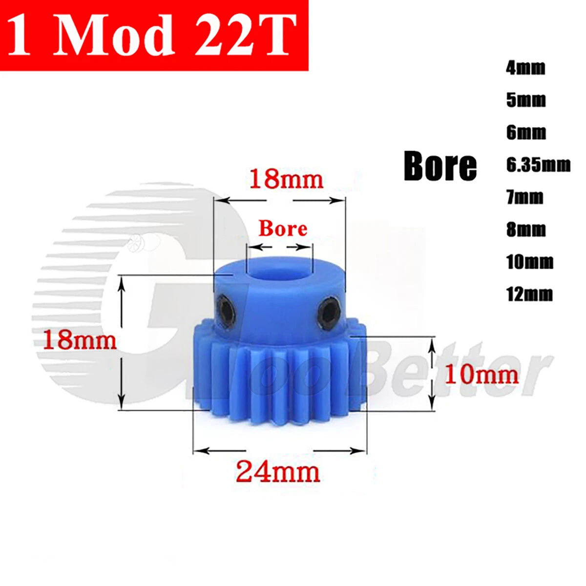 1 Mod 22 Teeth Blue Nylon Spur Gear Bore 4mm-12mm Pinion Plastic Gear with Step