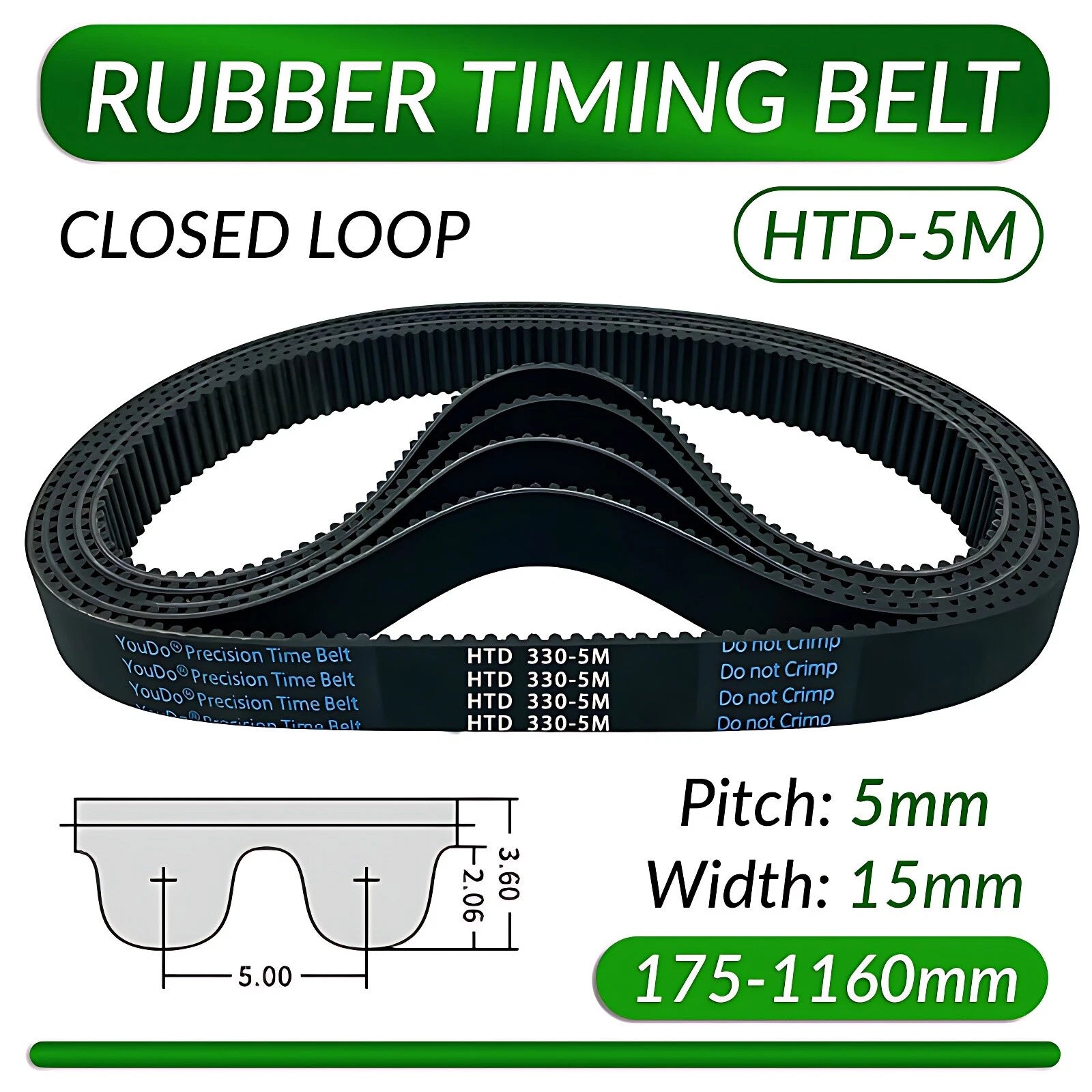 HTD 5M Timing Belt 15mm Wide — 5mm Pitch, Single-Sided Toothed, CNC & Robotics Drive Belt