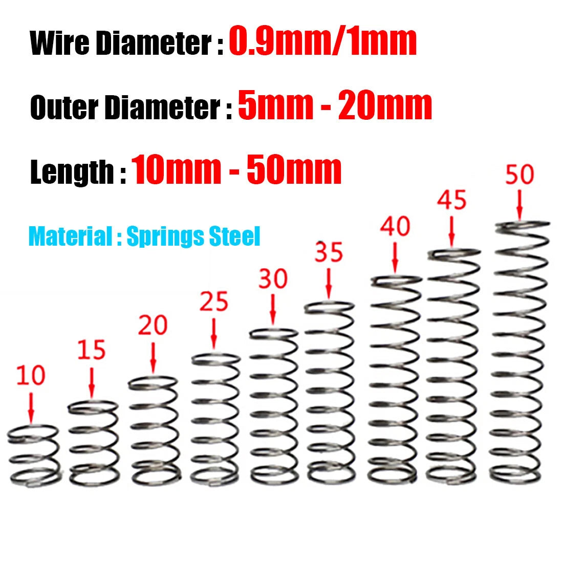 10 pcs Wire Dia 0.9mm 1mm OD 5mm - 20mm Small Springs Compression Spring Steel