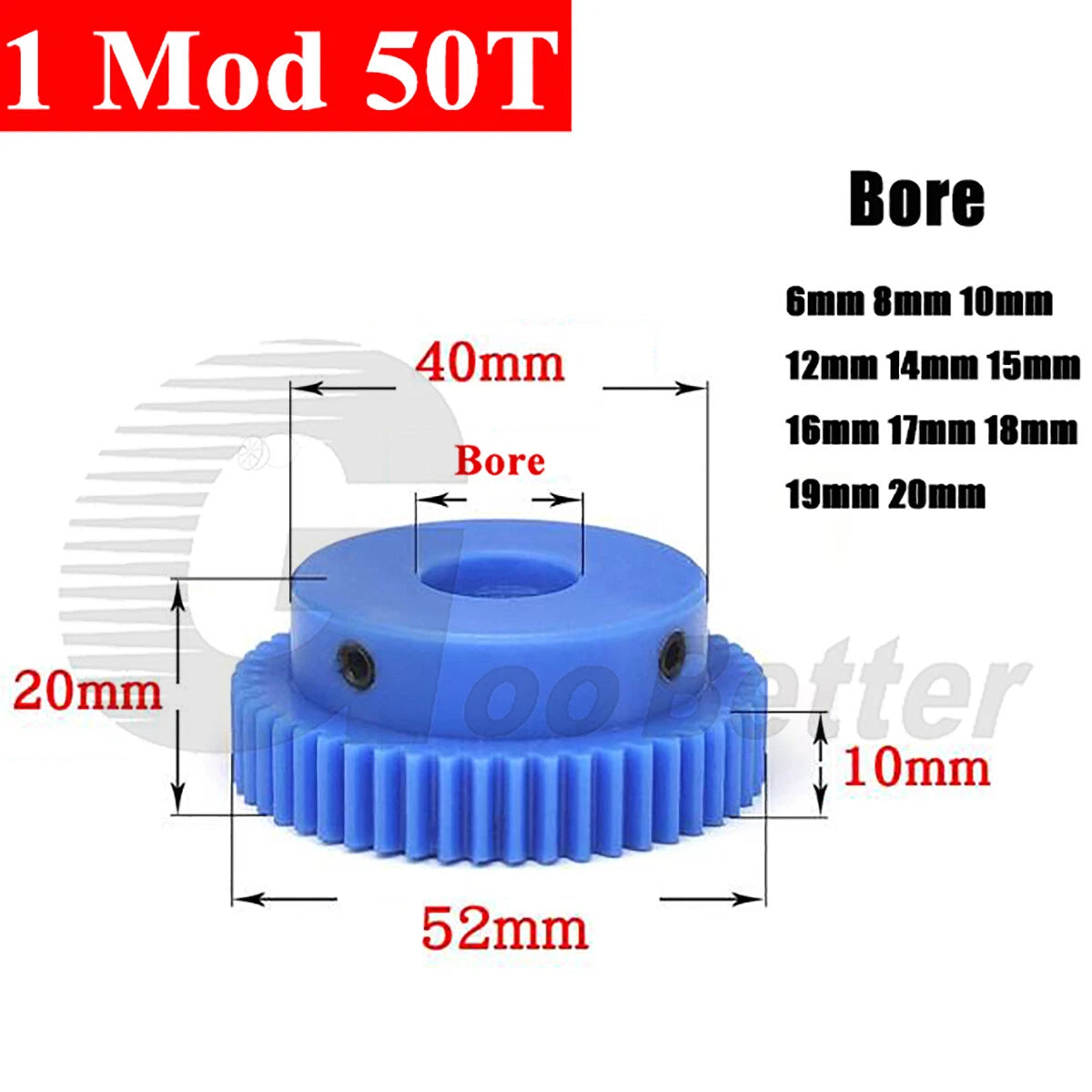 1 Mod 50 Teeth Blue Nylon Spur Gear Bore 6mm-20mm Pinion Plastic Gear with Step