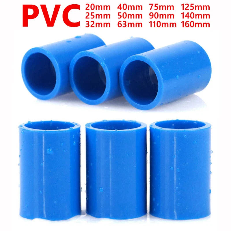 PVC Straight Coupling Solvent Weld Pipe Connector — ID 20mm to 160mm, Blue
