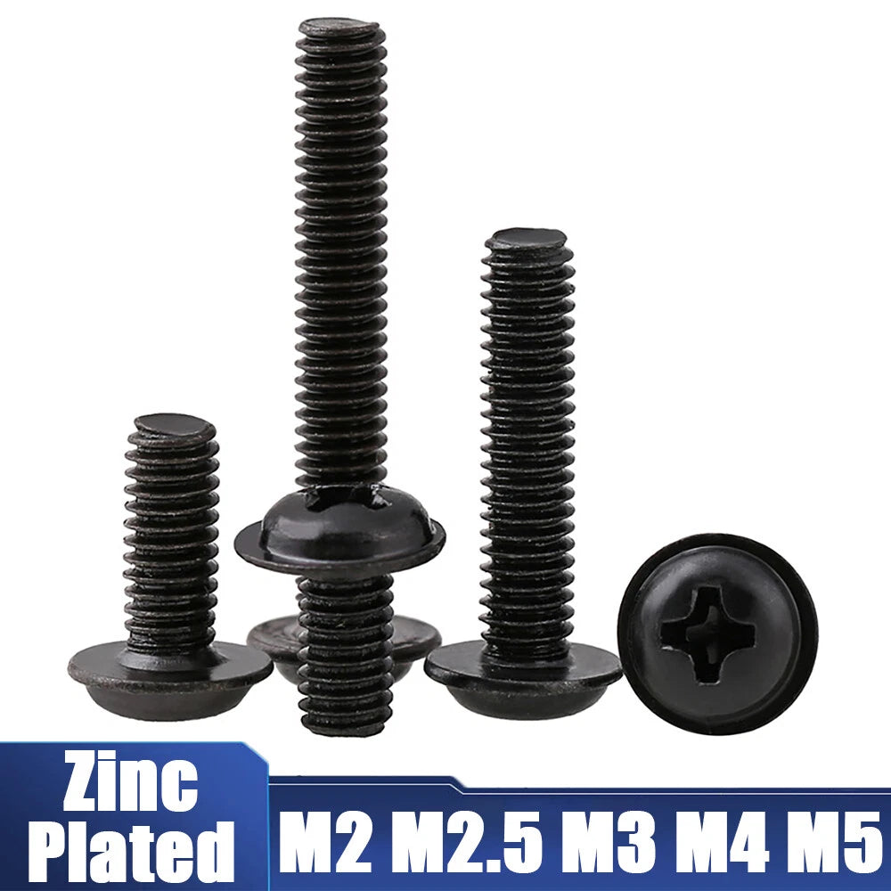Black Zinc Flanged Button Head Machine Screws – M2 M2.5 M3 M4 M5, Phillips Drive (DIN 967)