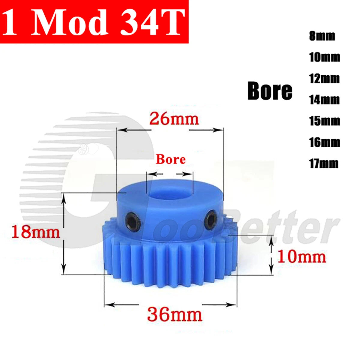 1 Mod 34 Teeth Blue Nylon Spur Gear Bore 8mm-17mm Pinion Plastic Gear with Step