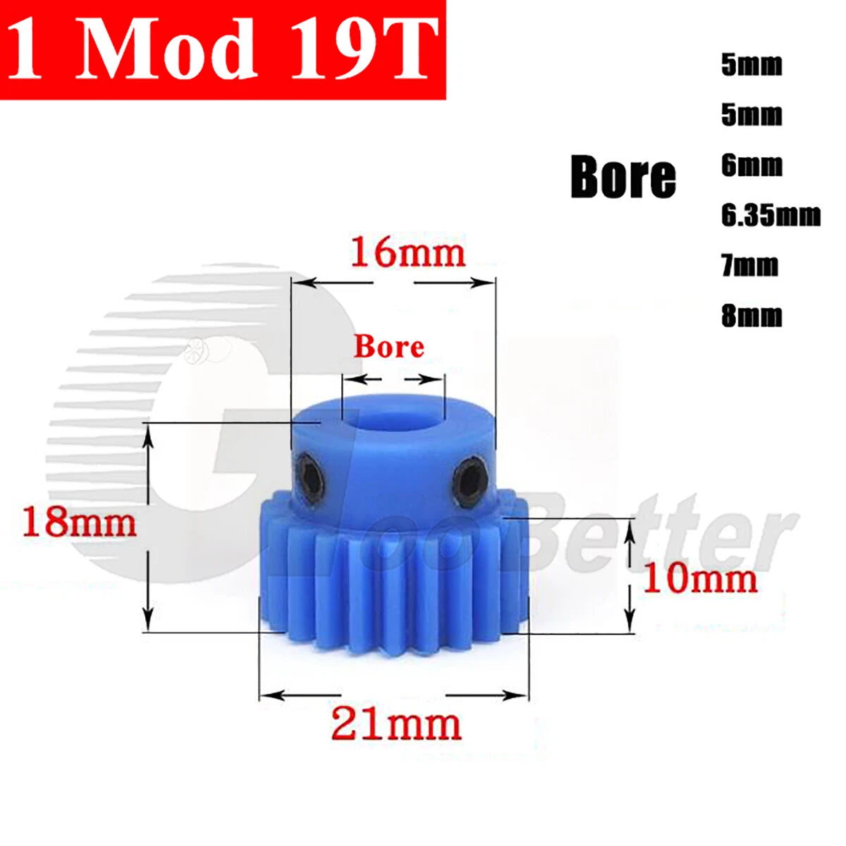 1 Mod 19T Blue Nylon Spur Gear Bore 5/6/6.35/7/8mm Pinion Plastic Gear with Step