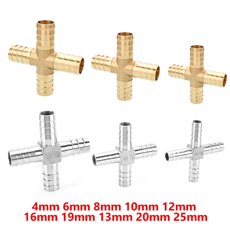 Cross Barb Hose Tail Fitting — 4-Way Connector for Air, Water & Fuel Lines | Brass or Stainless Steel A2