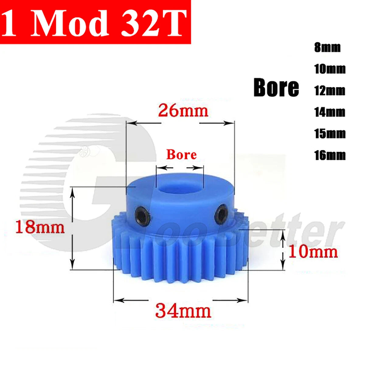 1 Mod 32 Teeth Blue Nylon Spur Gear Bore 8mm-16mm Pinion Plastic Gear with Step