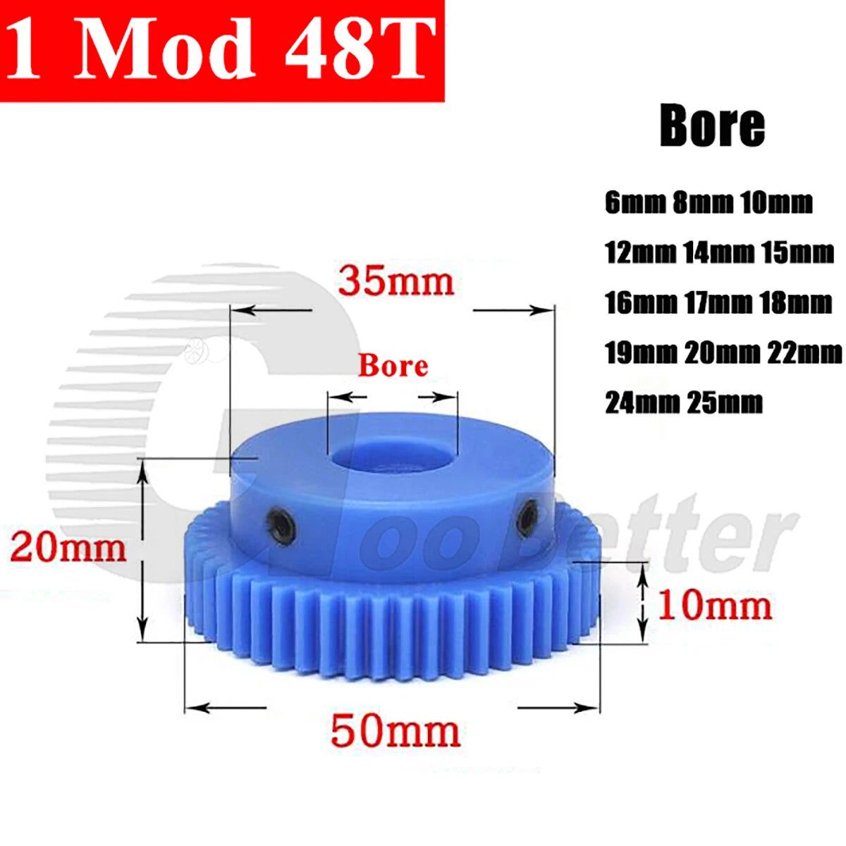 1 Mod 48 Teeth Blue Nylon Spur Gear Bore 6mm-25mm Pinion Plastic Gear with Step