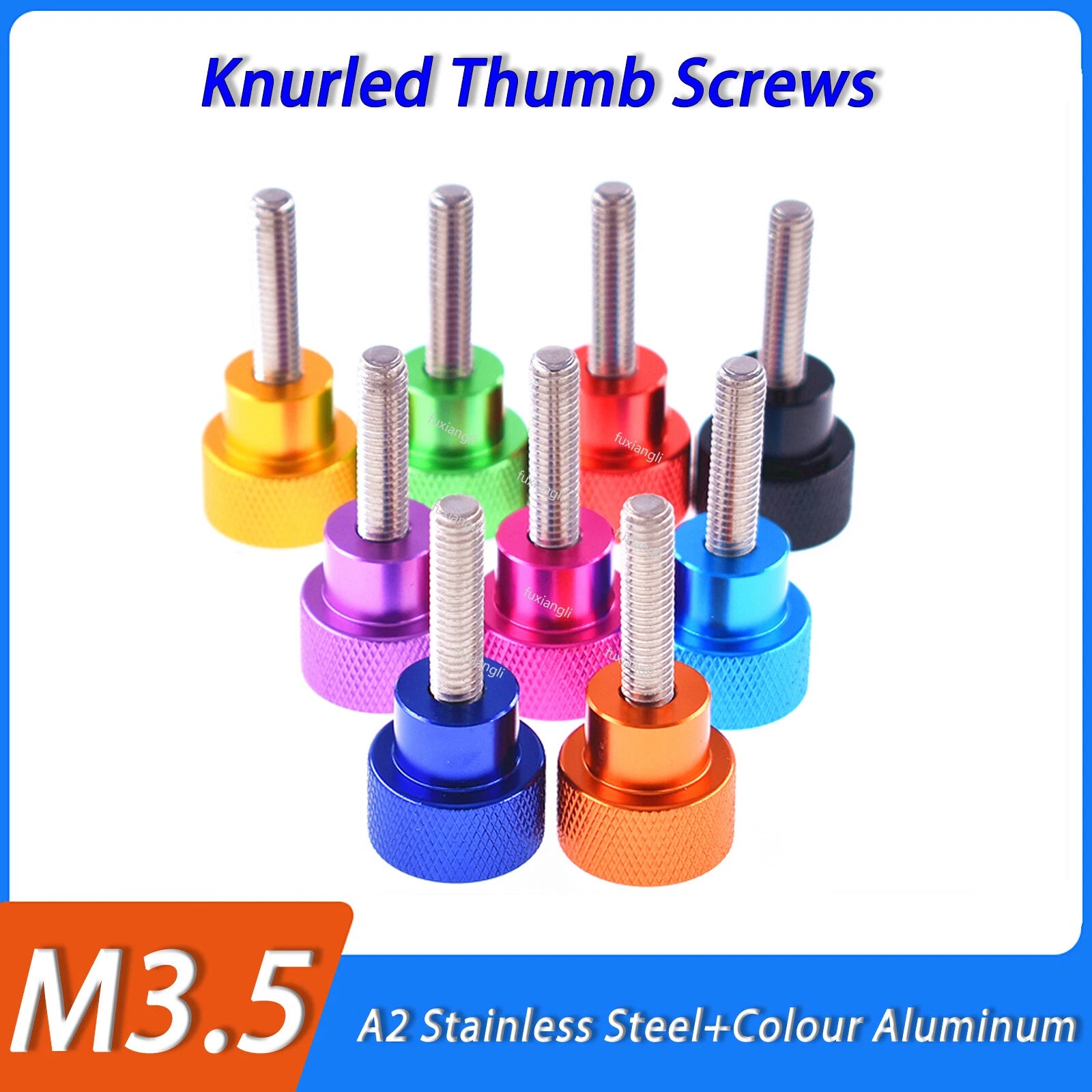 M3.5 Knurled Thumb Screws — A2 Stainless Steel & Anodized Aluminum, Hand-Turn Knob Bolt