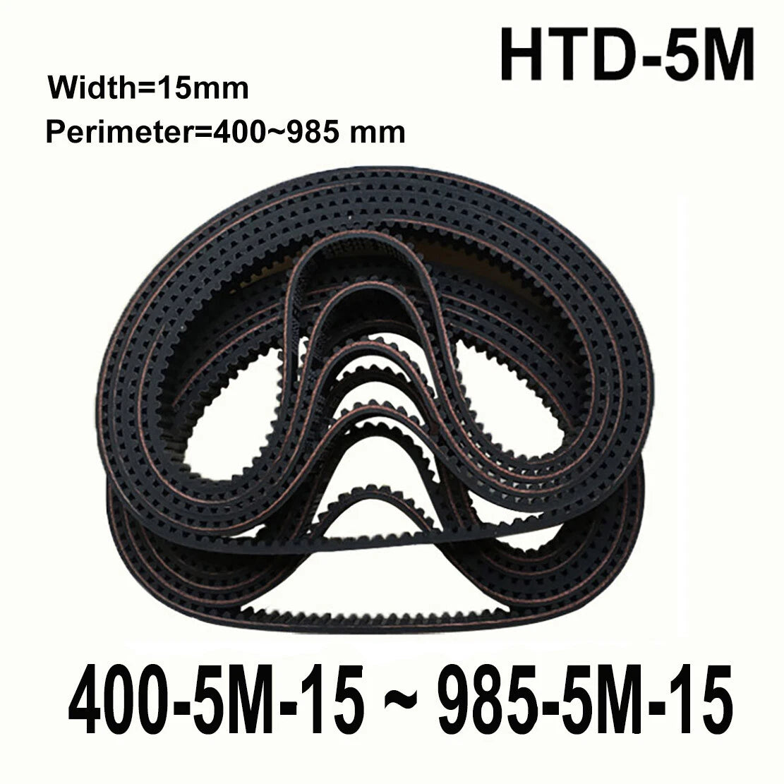 HTD 5M Timing Belt 15mm Wide Closed Loop Synchronous Drive Belt — 400mm to 985mm