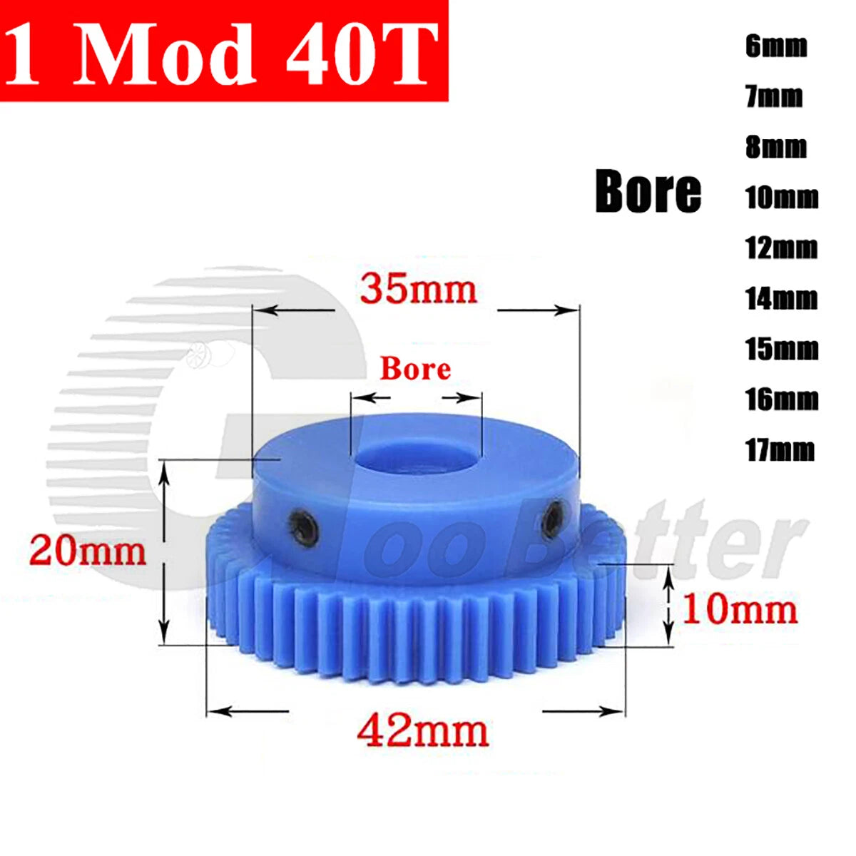1 Mod 40 Teeth Blue Nylon Spur Gear Bore 6mm-17mm Pinion Plastic Gear with Step