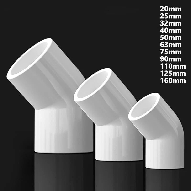 PVC Pipe Fittings Connector 45° Elbow Adapter Solvent Weld ID 20mm - 160mm