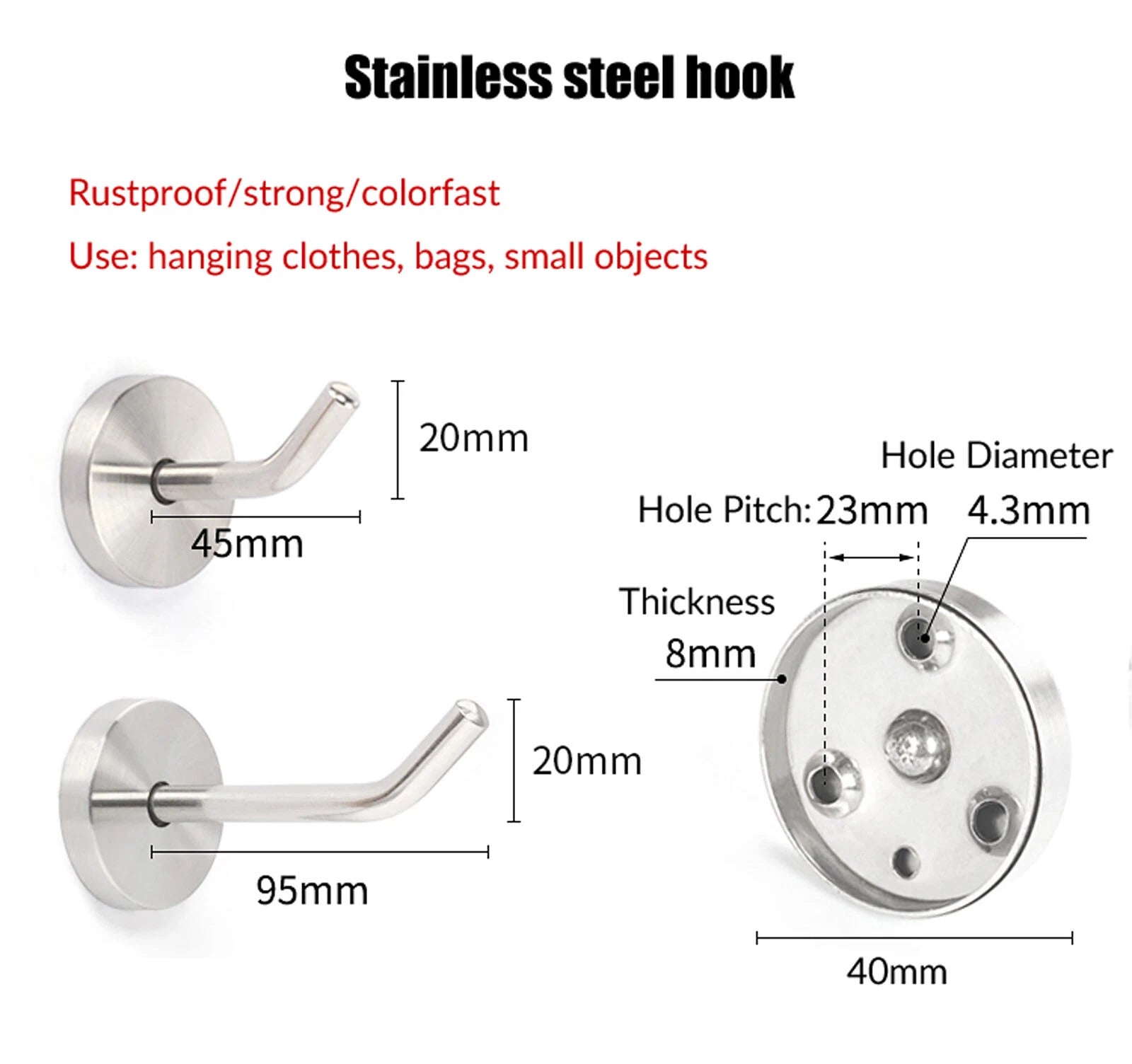 Stainless Steel Coat Hooks Robe Wall Door Dress Bathroom Clothes Hangers+Fixings