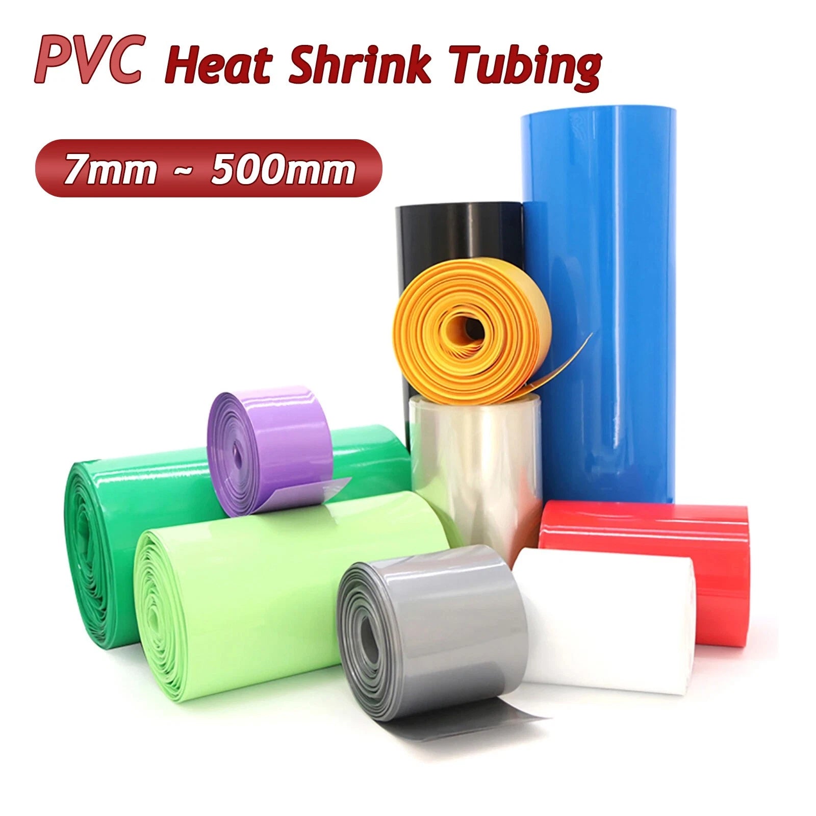 2:1 PVC Heat Shrink Tubing — 7mm to 500mm, White/Black/Clear/Green, 1M