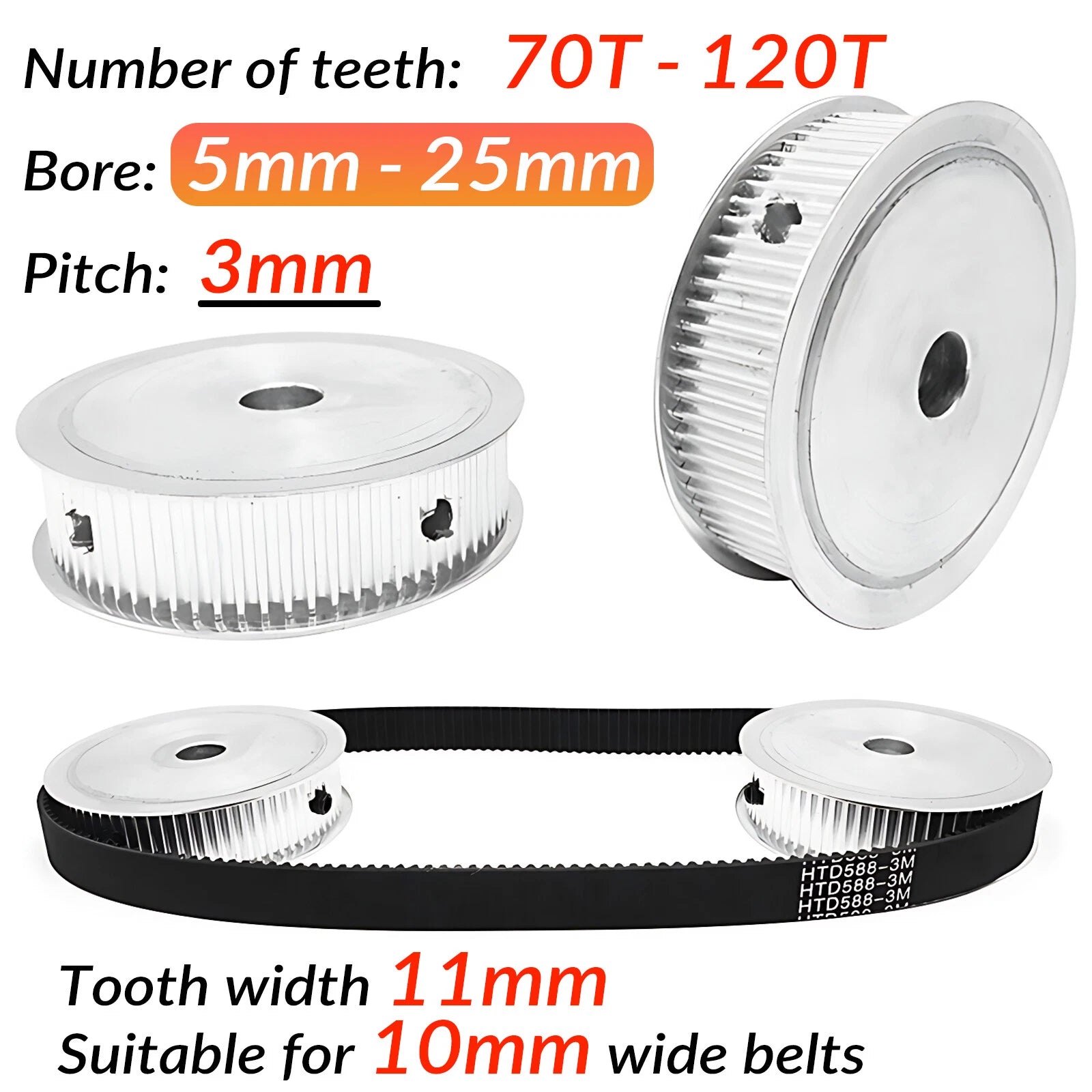 3M 70T-120T Pitch 3mm Tooth Width 11mm Timing Belt Pulley Synchronous Wheel Gear