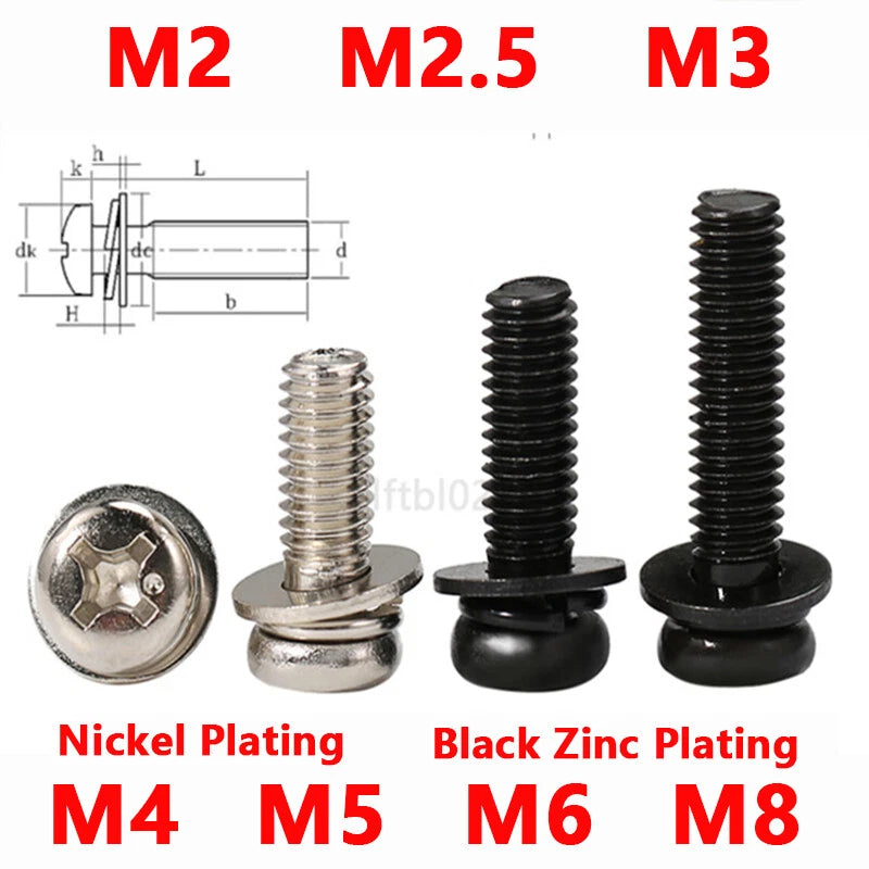 Black Zinc Phillips Pan Head Screws with Spring & Flat Washers – M2 to M8, Fully Threaded