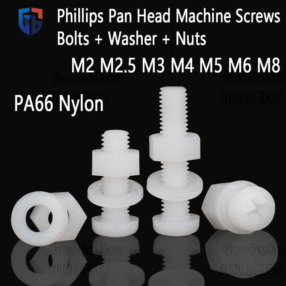 Nylon Phillips Pan Head Machine Screws + Washer + Hex Nut Set – M2 to M8, Corrosion‑Free & Non‑Conductive