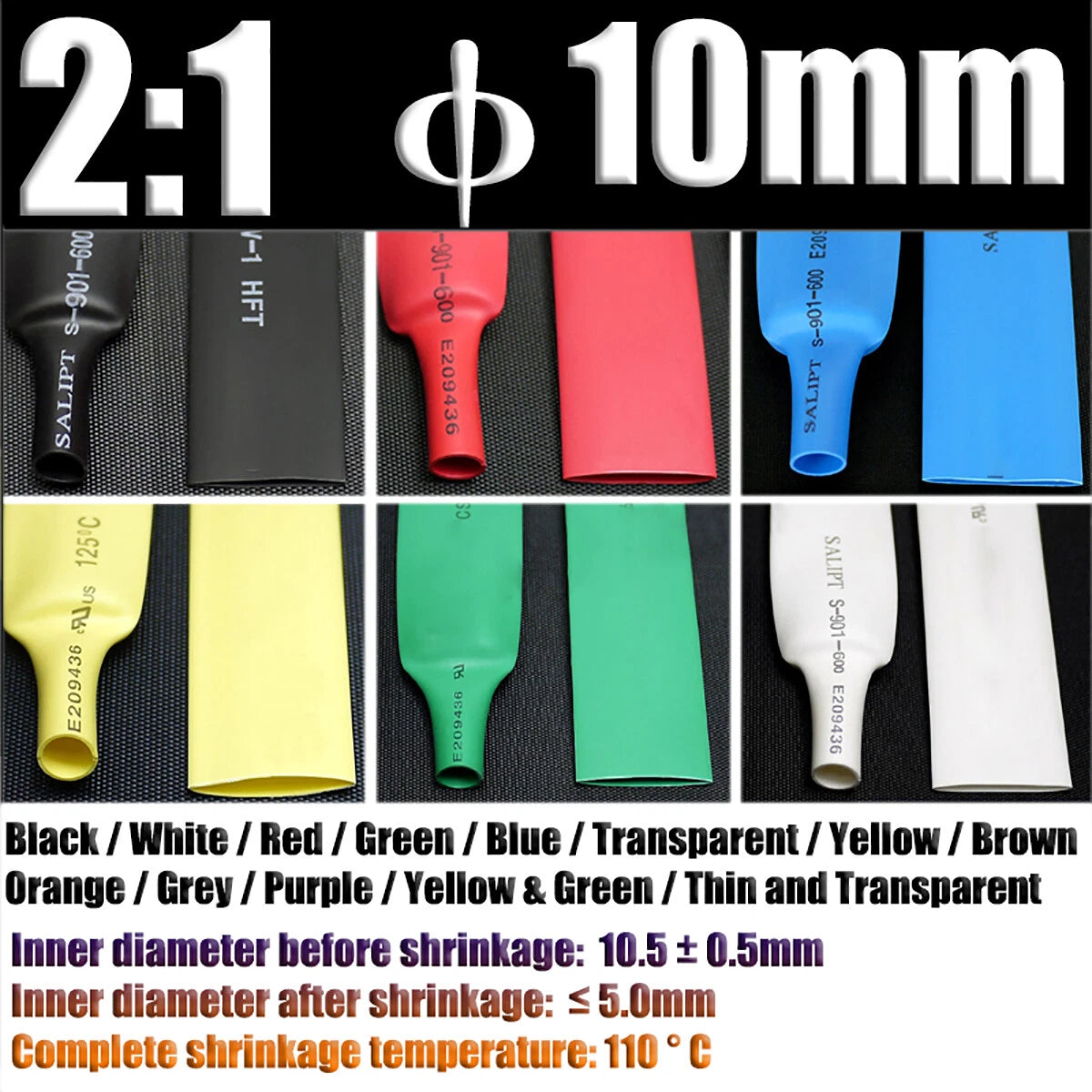 10mm Heat Shrink Tubing 2:1 Ratio Polyolefin Wire Cable Sleeving — Multiple Colors