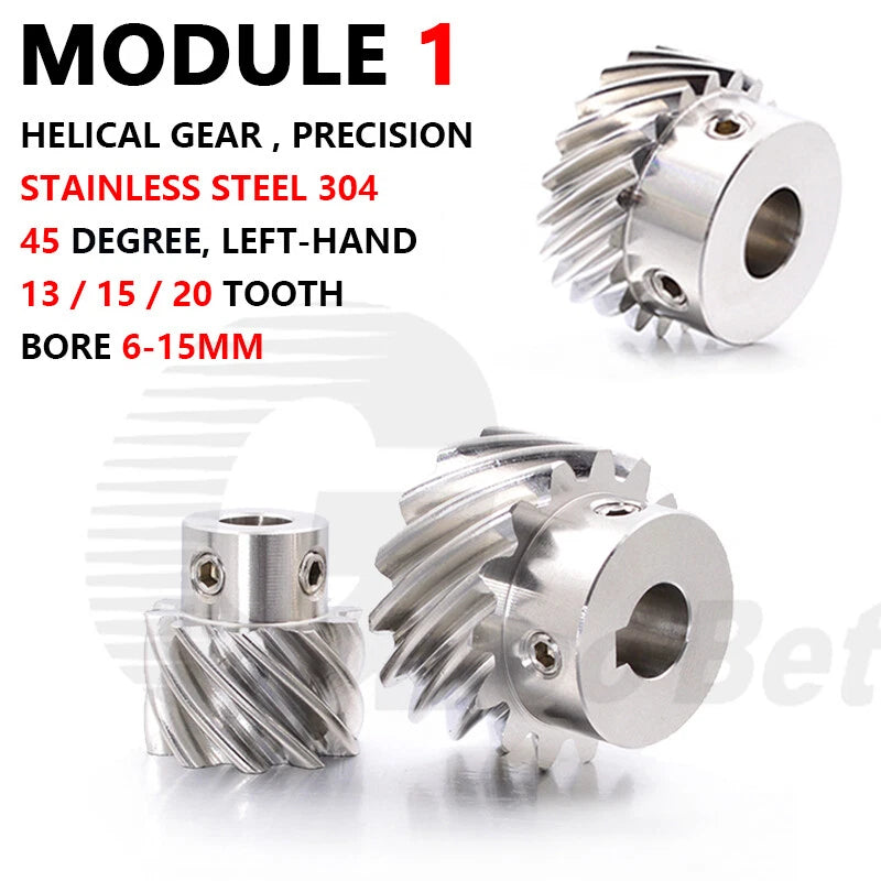 Module 1 Helical Gear Stainless Steel 45° Left-hand 13/15/20 Tooth Motor Pinion