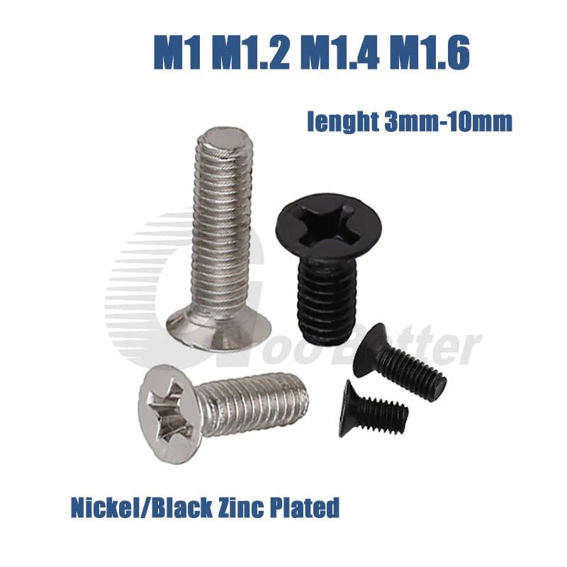 M1.0–M1.6 Phillips Flat Head Machine Screws — Nickel or Black Zinc Plated - HomeDIYer