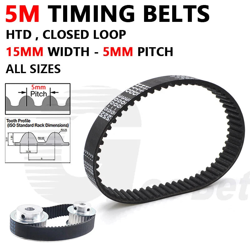 HTD 5M Timing Belt — 15mm Wide Closed Loop, 5mm Pitch | 36–121 Tooth for CNC & 3D Printer
