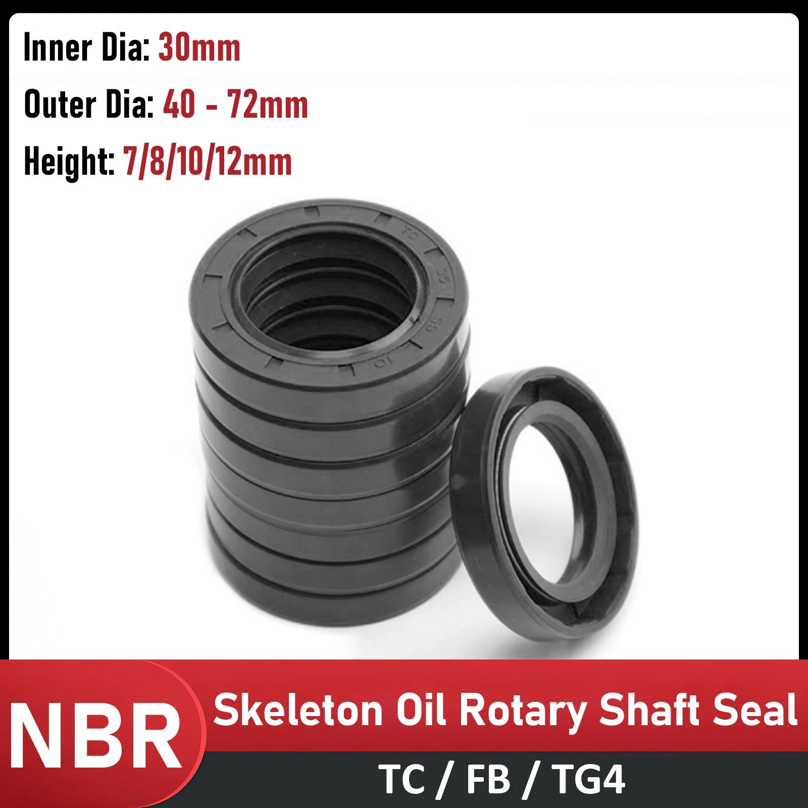 TC Oil Seal 30mm ID — Double Lip NBR 70 Nitrile Rotary Shaft Seal (FB Skeleton)
