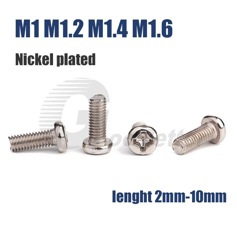 M1 M1.2 M1.4 M1.6 Round Pan Head Phillips Screws – Nickel Plated Carbon Steel, 2–10mm