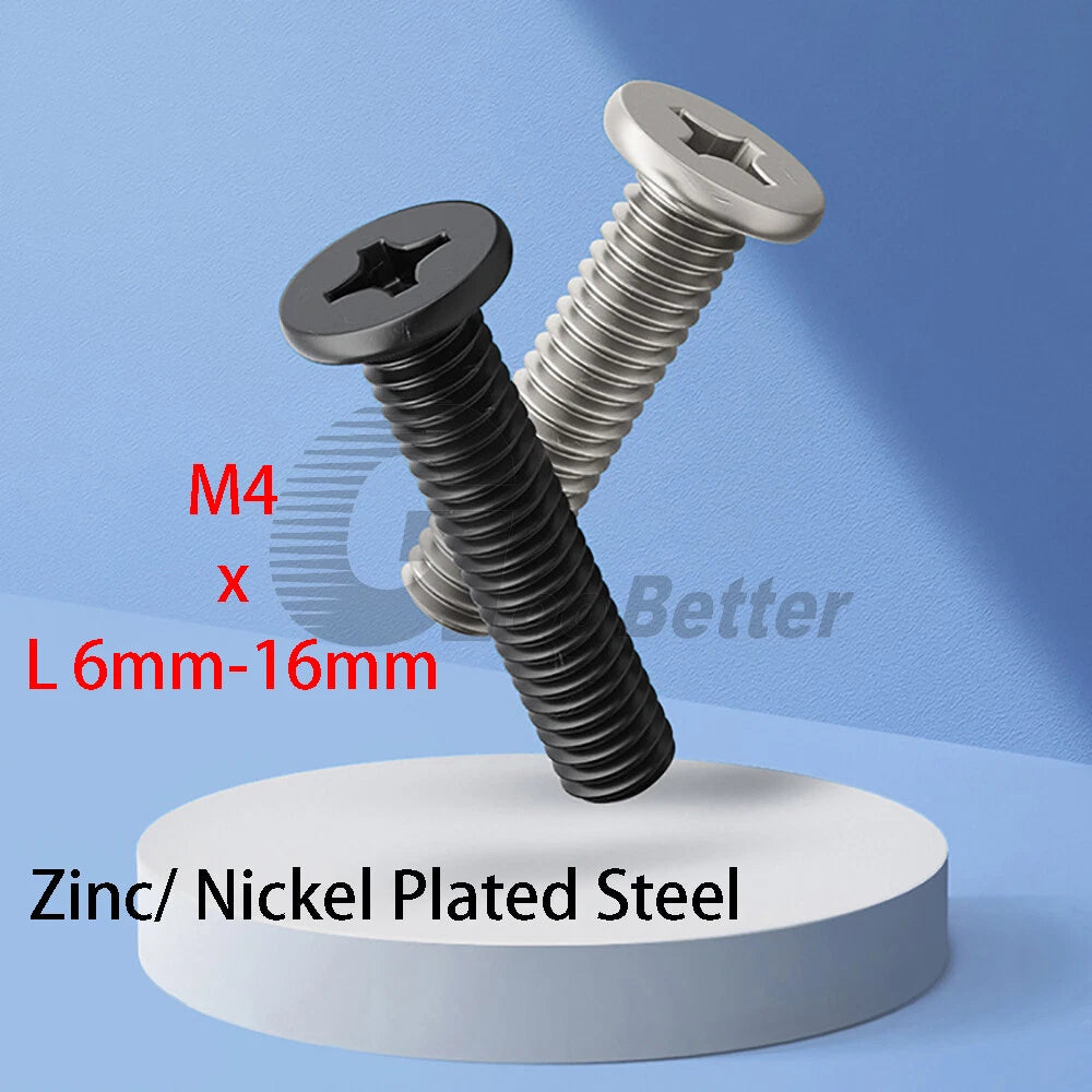 M4 Ultra Thin Flat Wafer Head Phillips Screws – Nickel or Black Zinc Plated, Carbon Steel (6–16mm Lengths)