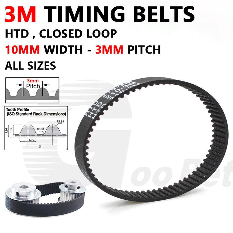 HTD 3M Closed Loop Timing Belt — 3mm Pitch, 10mm Wide | 60–194 Tooth for CNC & 3D Printer