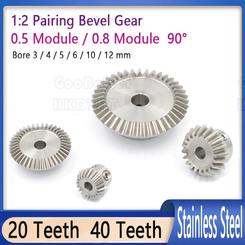 Bevel Gear 0.5 Module-0.8 Module 90° 1:2 Pairing 20-40 Teeth Stainless Steel