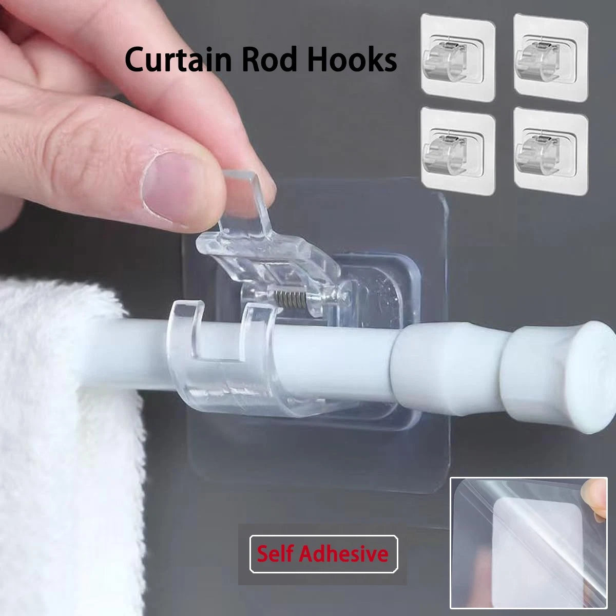 Self Adhesive Hooks Curtain Rod Bracket Pole Nail Free Adjustable Holder Hook