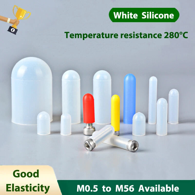 Silicone End Blanking Protective Cover – Elastic Screw Round Sleeve Caps, Insulated, High Temp 280°C (M0.5 to M56, White)