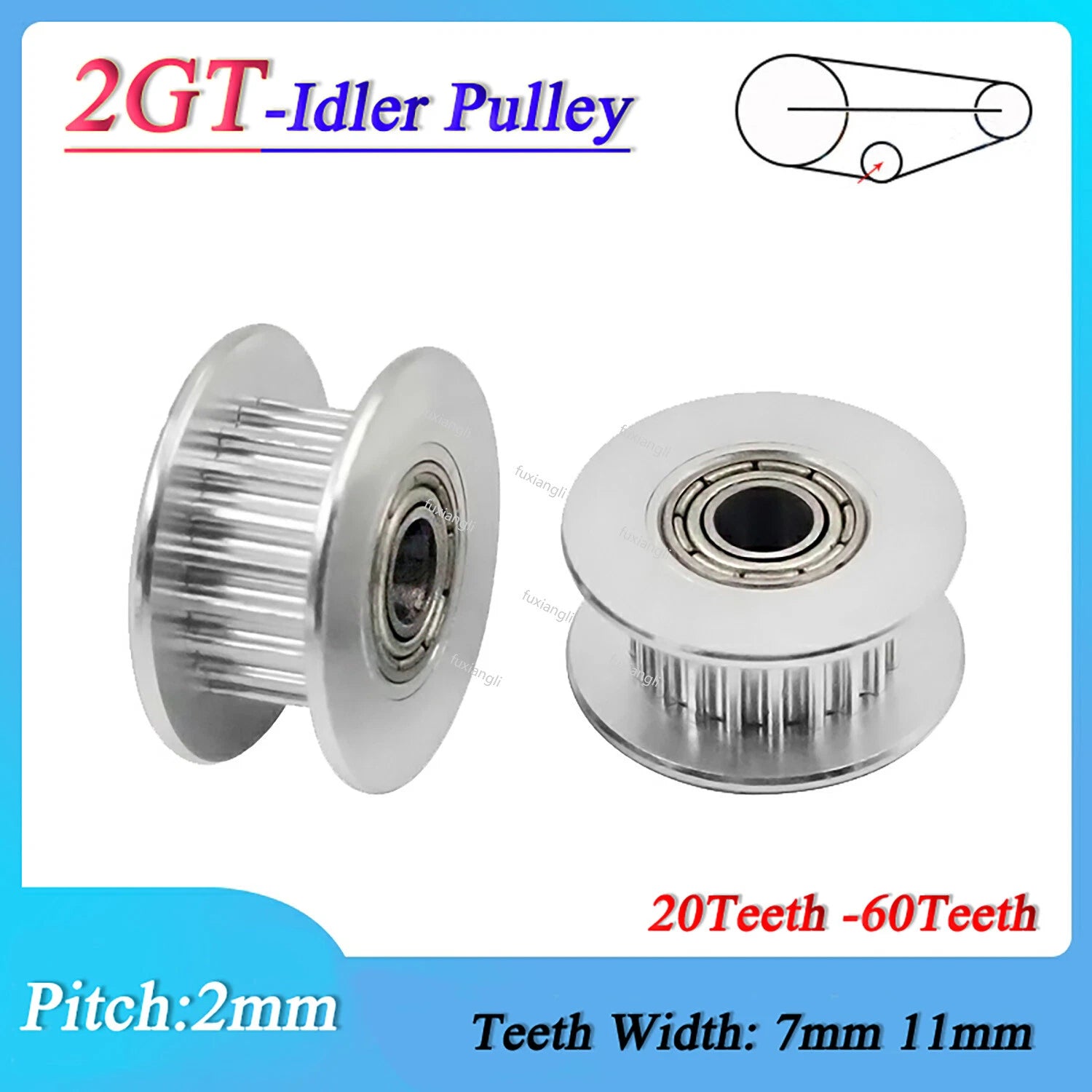 2GT 20-60Teeth Timing Belt Idler Pulley Pitch 2mm Width 7/11mm Toothed Tensioner