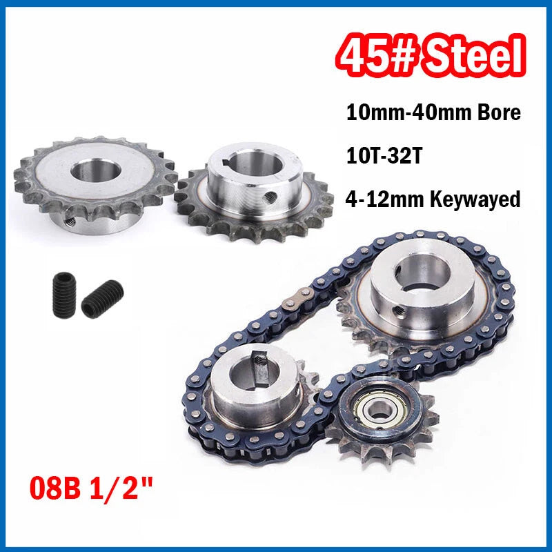 08B 1/2" Roller Chain Sprocket 10mm-40mm Bore 45# Steel 10T-32T 4-12mm Keywayed