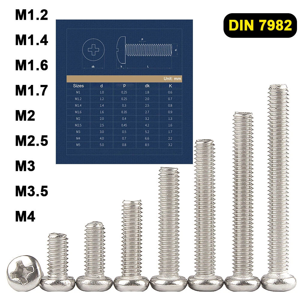 M1.2–M4 Phillips Pan Head Machine Screws – Nickel Plated Carbon Steel, DIN 7985, Fully Threaded