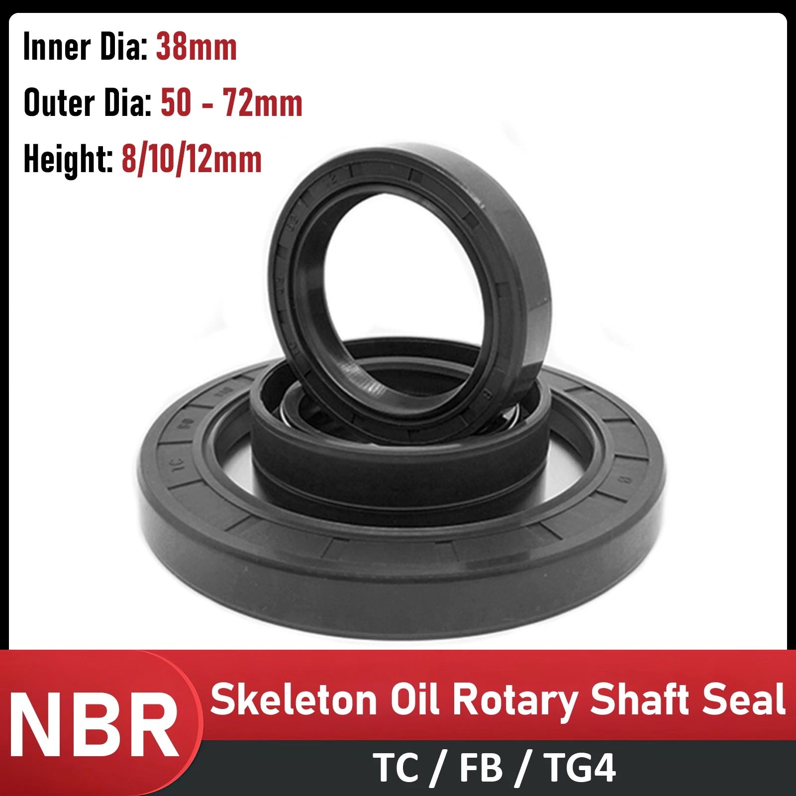 TC Double-Lipped NBR Oil Seal — 38mm ID, Nitrile Rotary Shaft Seal, Multiple OD & Heights