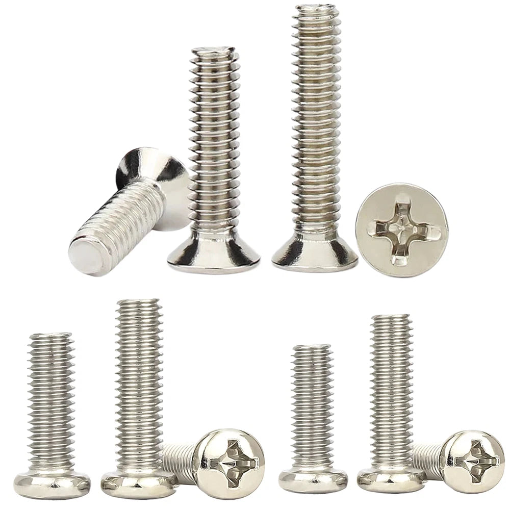 Nickel‑Plated Round & Countersunk Phillips Machine Screws – M1.2 M1.4 M2–M4, 3–12mm Lengths
