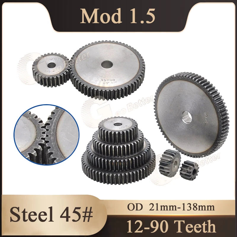 Mod 1.5 Pinion Gear Steel Spur Gear 12-90 Teeth 21-138mm OD Motor Flat Gears